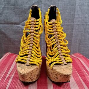 %London Trash Platform Wedge Sandals Wood Women Size 5 / D14